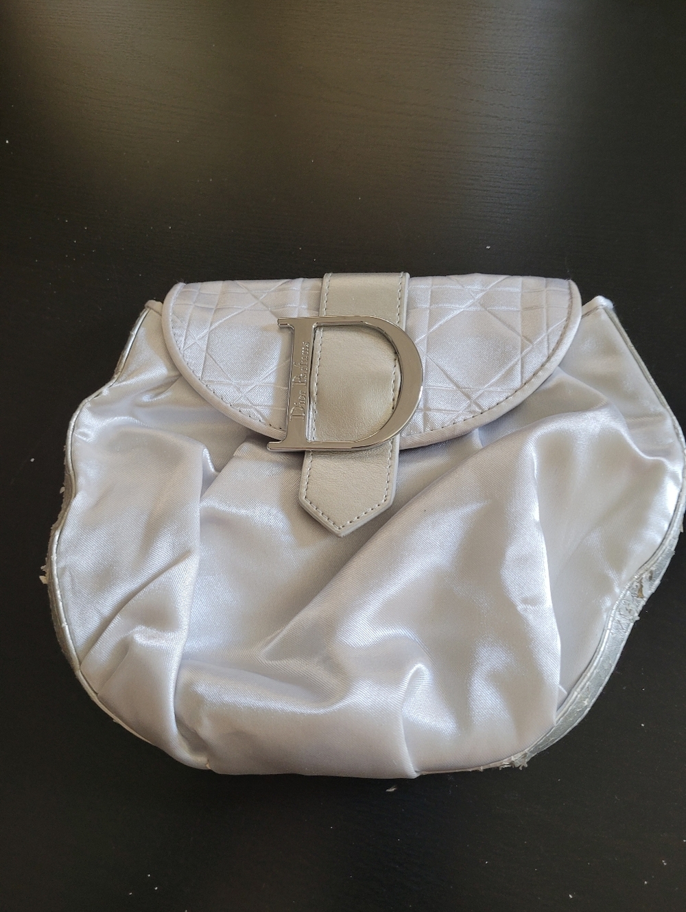 Dior Silver Satin Women’s Cosmetic Bag with D-Ring Accent